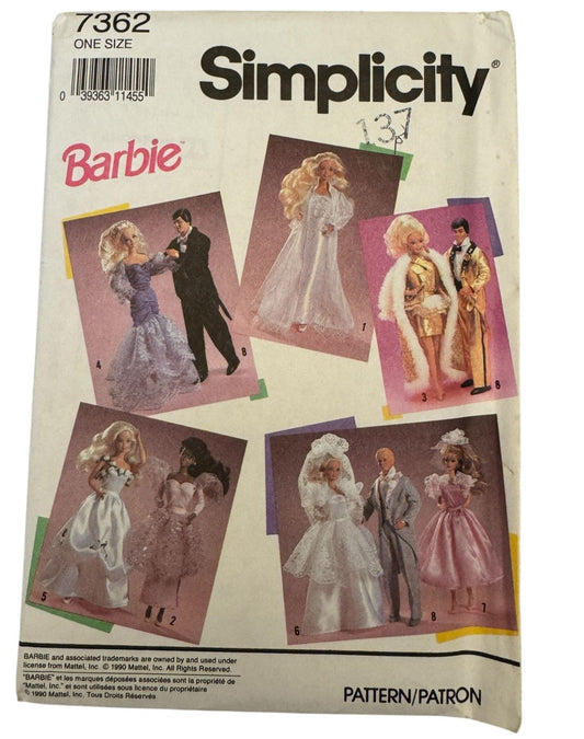 Simplicity Sewing Pattern 7362 Barbie Ken Doll Clothes Clothing Wedding Dress