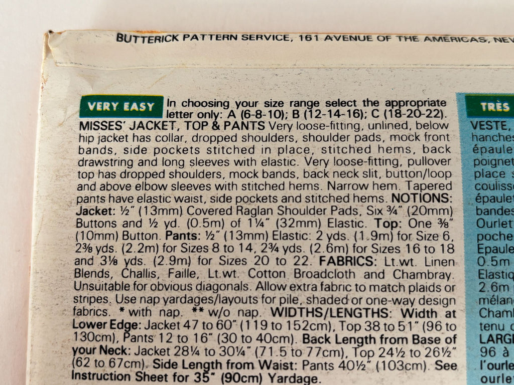 Butterick Sewing Pattern 6631 Jacket Pants Easy Casual Coastal Cruise  UC 6 8 10