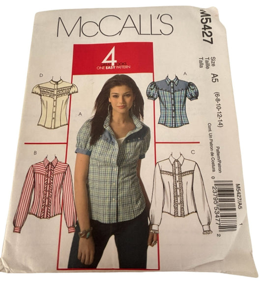McCalls Sewing Pattern M5427 Western Shirt Blouse Top Button Front Size 6-14 UC