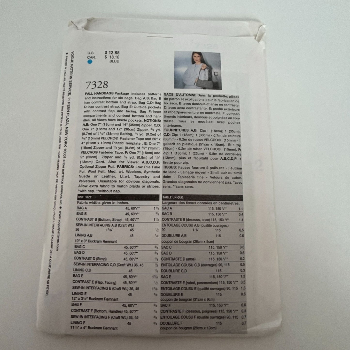 Vogue Sewing Pattern 7328 Fall Handbags Purse Work Accessory Accessories Uncut