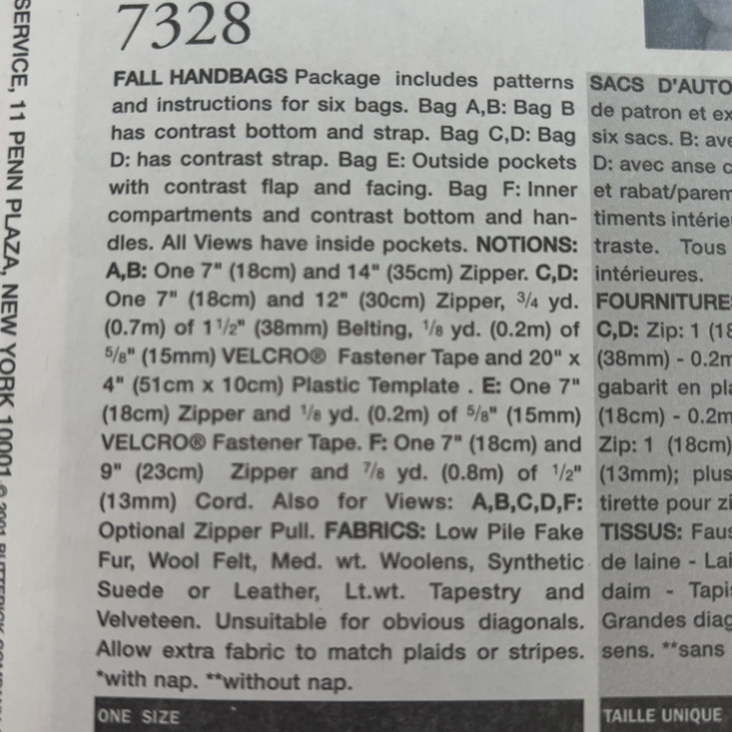 Vogue Sewing Pattern 7328 Fall Handbags Purse Work Accessory Accessories Uncut