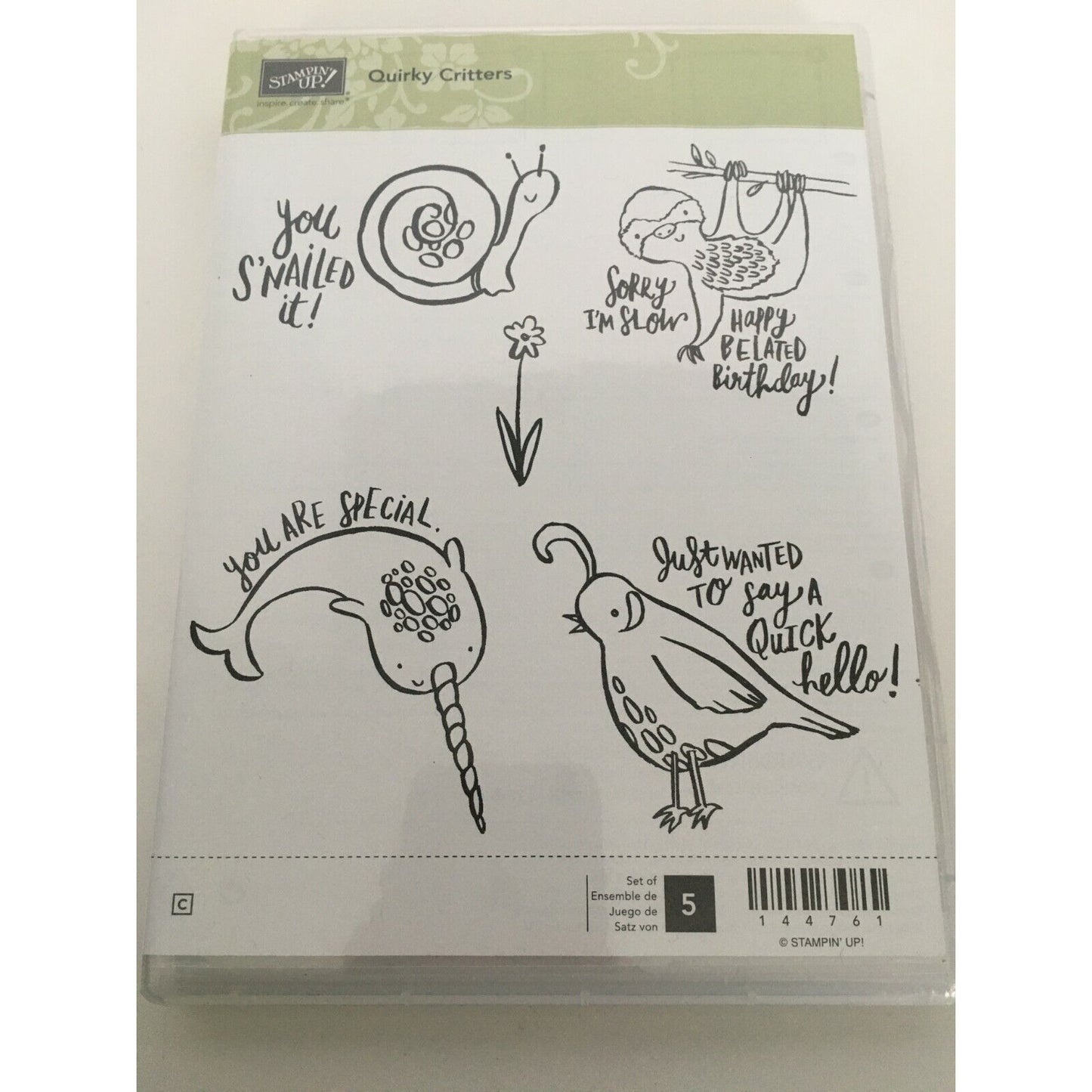 Stampin' Up Quirky Critters Rubber Stamps Animals Snail Pun Sloth Quail Flower 5
