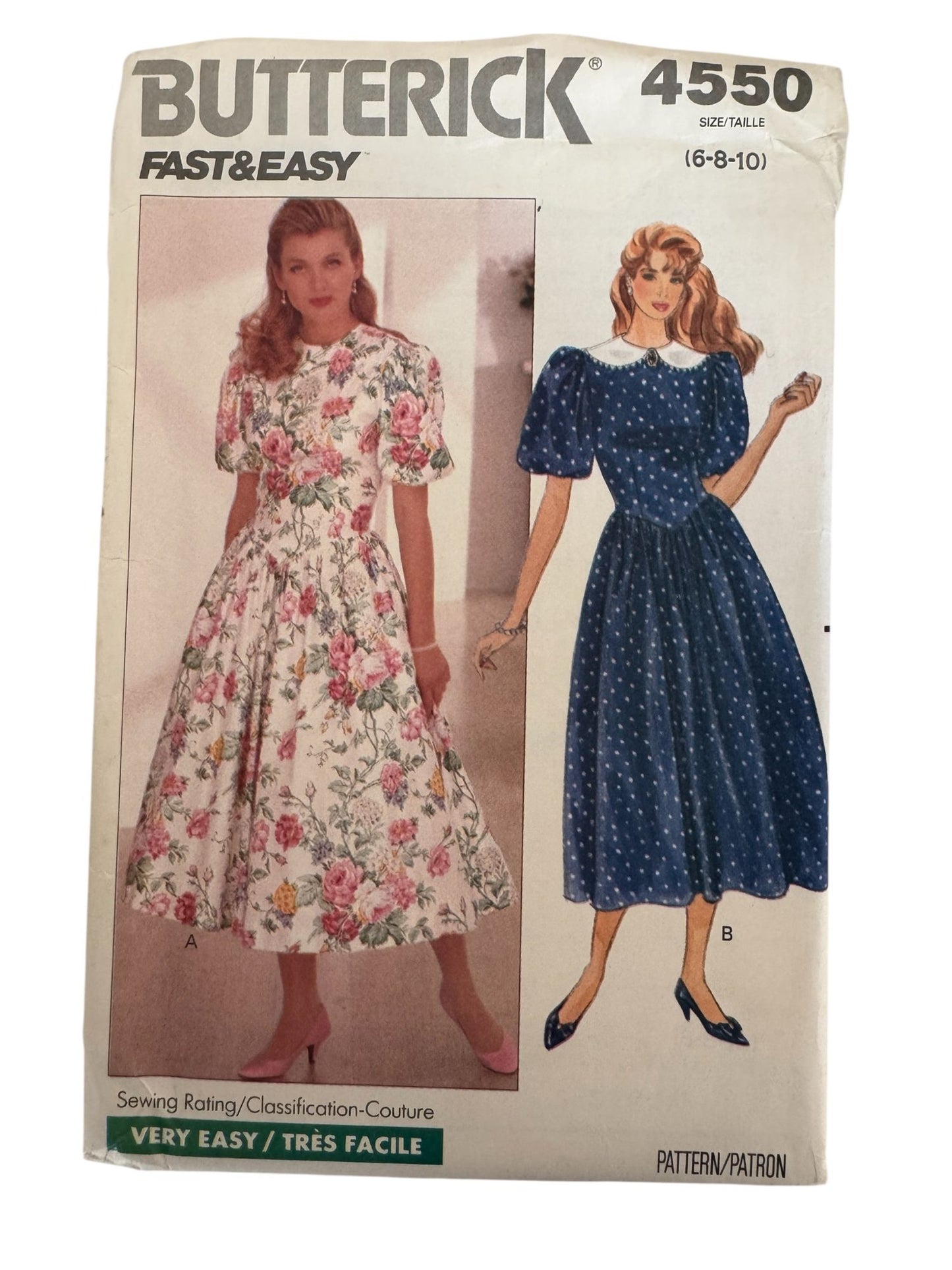 Butterick Sewing Pattern 4550 Dress Easy Back Zipper Dropped Waist Bodice 6 8 10