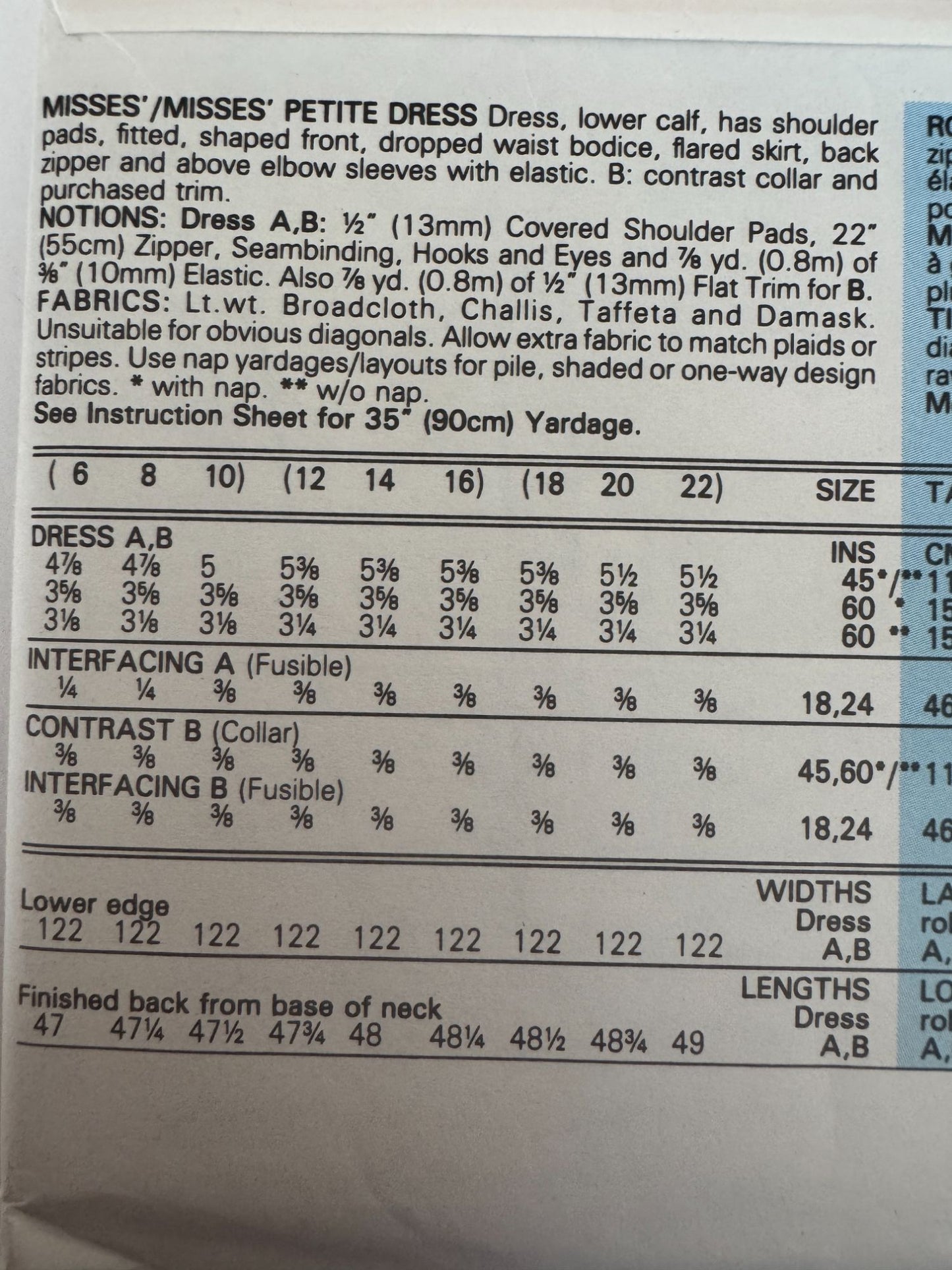 Butterick Sewing Pattern 4550 Dress Easy Back Zipper Dropped Waist Bodice 6 8 10