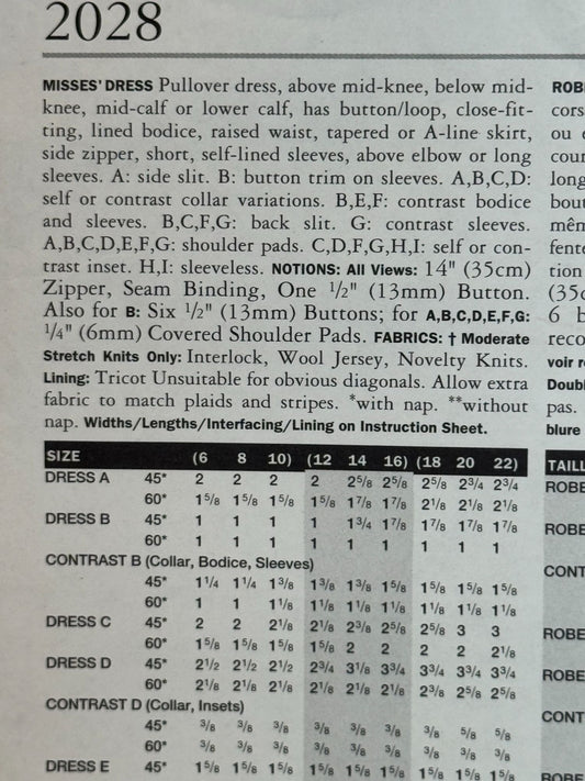 Vogue Sewing Pattern 2028 Career Dress Easy Options Length Sleeve Options 6 8 10