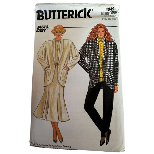Vintage 80s Jacket Sewing Pattern Butterick 4049 Skirt Pants Suit Pattern Officecore Blazer Set Size 14 16 18
