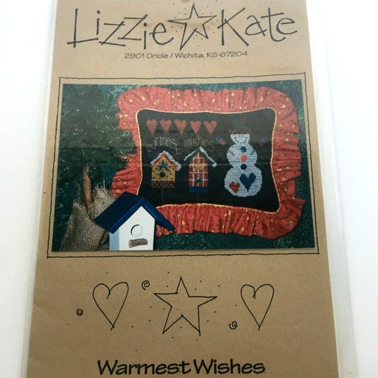 Lizzie Kate Cross Stitch Pattern Warmest Wishes Snowman Birdhouse Christmas Pillow Winter Holiday