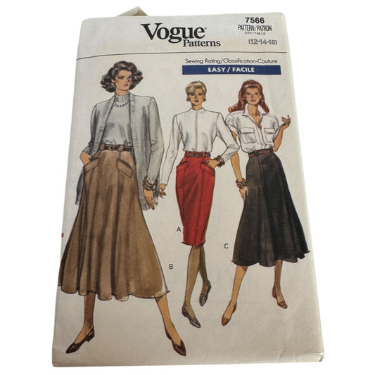 Vogue Sewing Pattern 7566 Skirt Easy Flared or Tapered 12-16 1980s Vintage Uncut