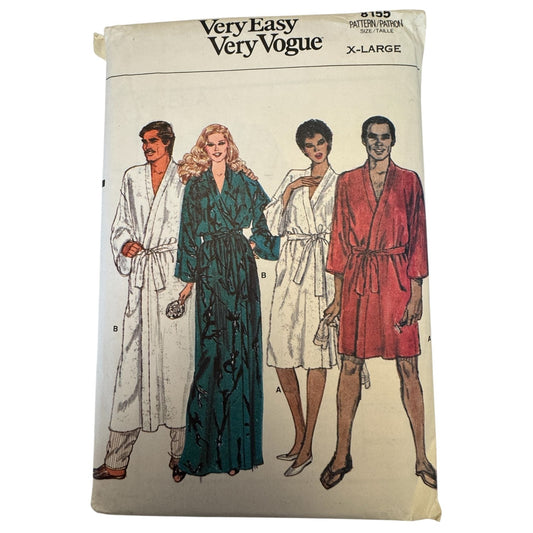 Vogue Sewing Pattern 8155 Robe Bathrobe Vintage 80s XL 20 22 Mens Misses Unisex Loungewear