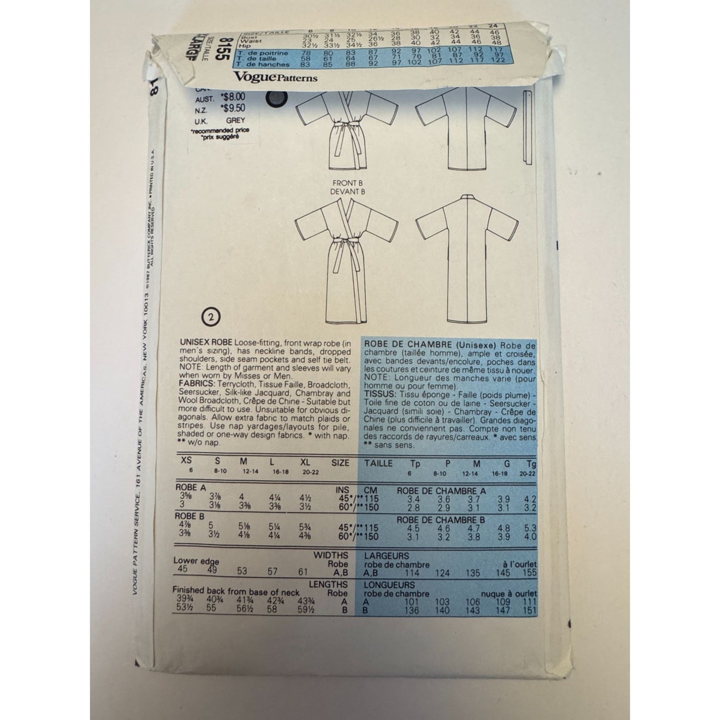 Vogue Sewing Pattern 8155 Robe Bathrobe Vintage 80s XL 20 22 Mens Misses Unisex Loungewear