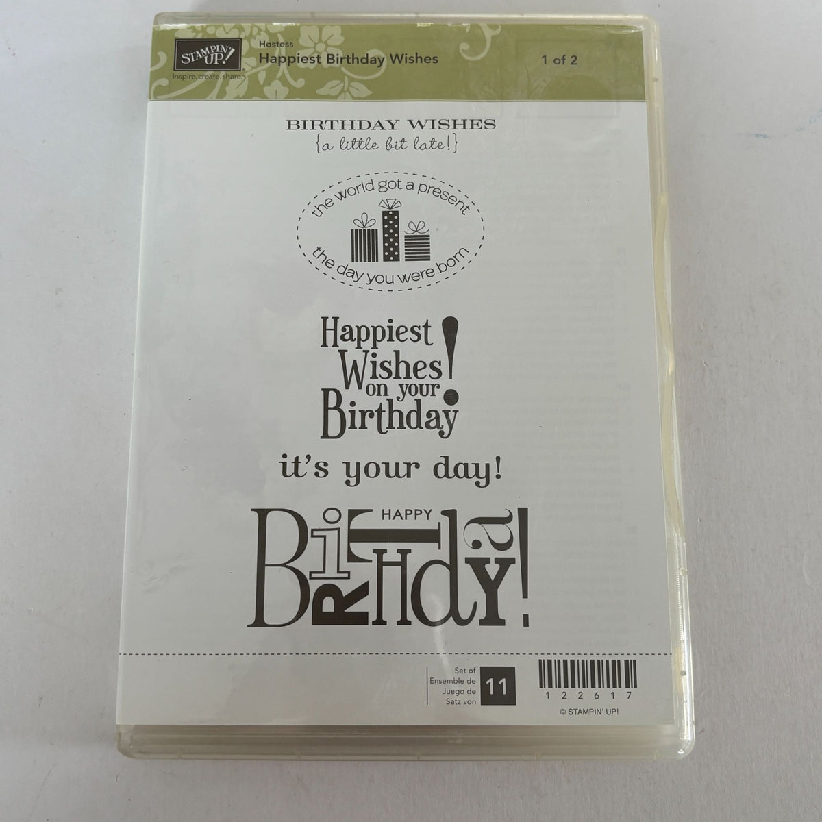 Stampin Up Rubber Cling Stamps Set Happiest Birthday Wishes Gift Tag Cardmaking Cake Sentiment