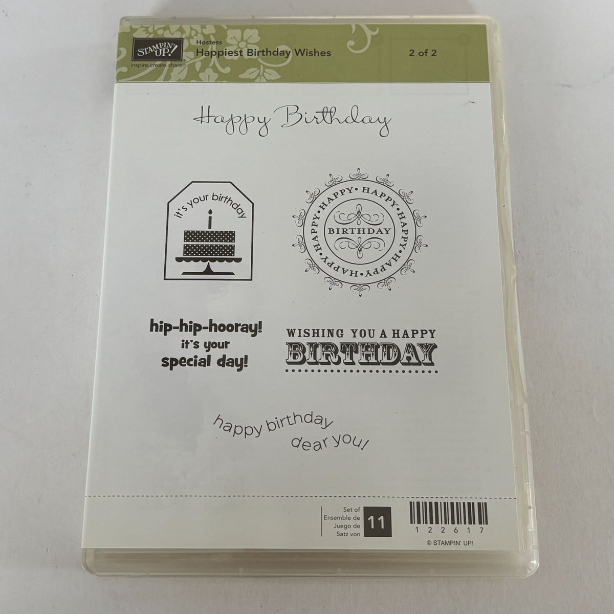 Stampin Up Rubber Cling Stamps Set Happiest Birthday Wishes Gift Tag Cardmaking Cake Sentiment