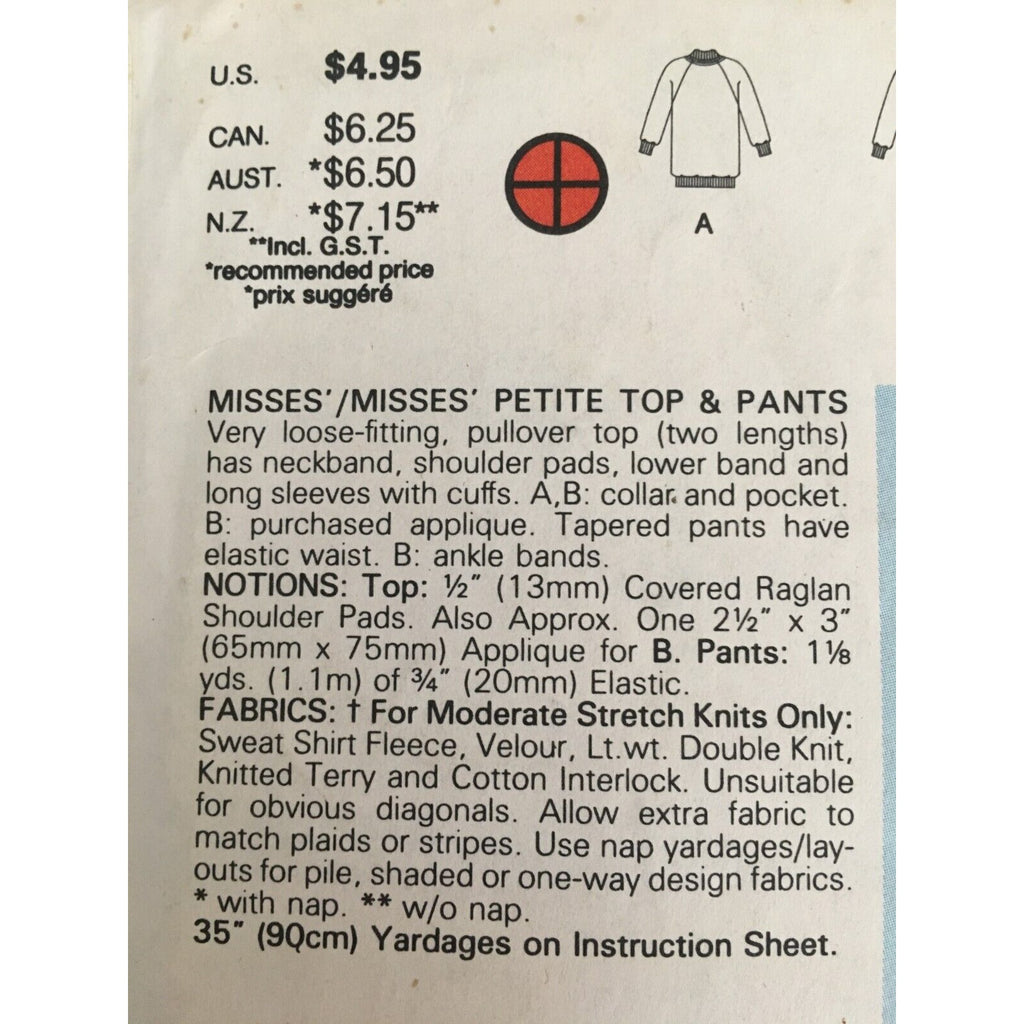 Butterick Sewing Pattern 5953 Misses Pullover Top Tapered Pants Comfort P S M UC