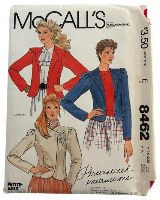 McCalls Sewing Pattern 8462 Womens Jacket Blazer Work Size 10 Vintage 1980s UC