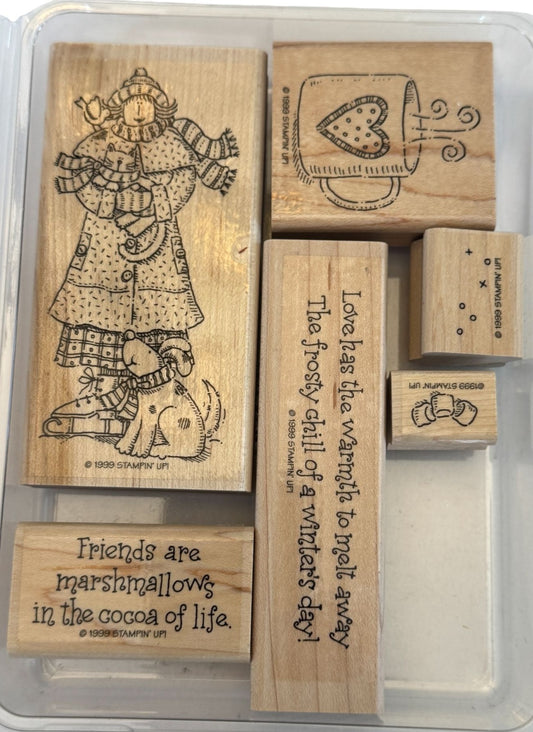 Stampin Up Rubber Stamp Set Winter Wilma Dog Cat Coffee Cocoa Snow Marshmallow
