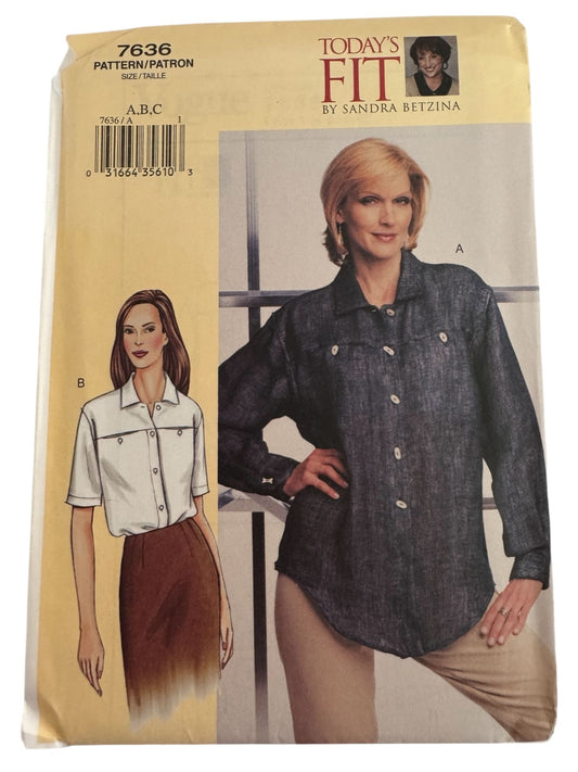 Vogue Sewing Pattern 7636 Shirt Todays Fit Betzina Long or Short Sleeve Work UC