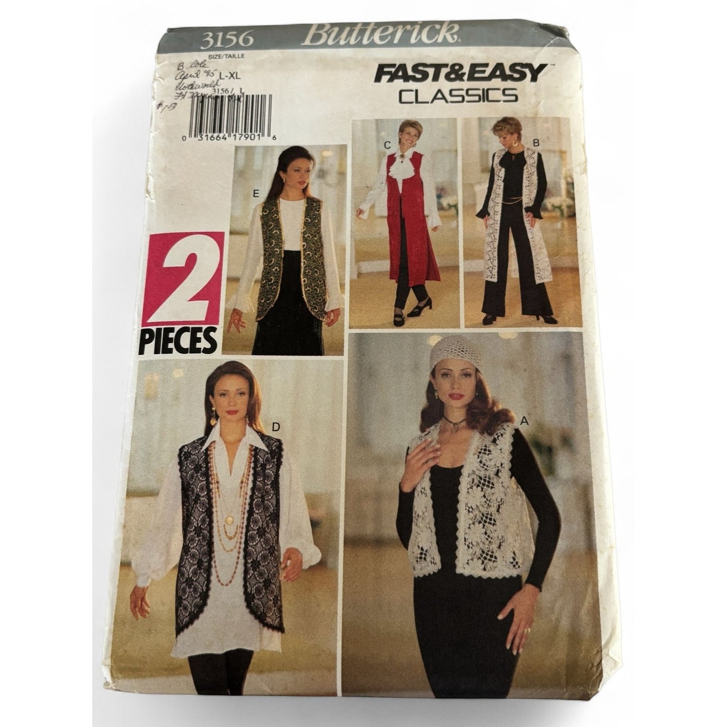 Butterick Sewing Pattern 3156 Long Vest Duster L-XL Boho 90s Fashion Vtg 1993 UC