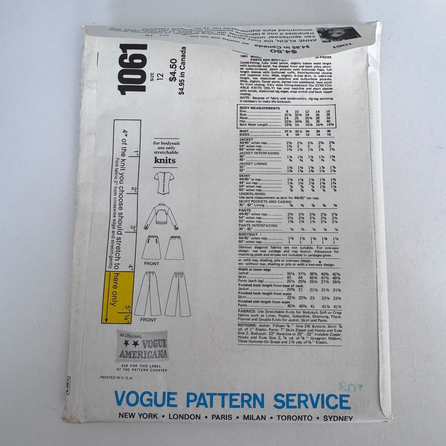 Vogue Sewing Pattern 1061 Anne Klein Jacket Skirt Pants Bodysuit 12 Uncut Designer 1970s