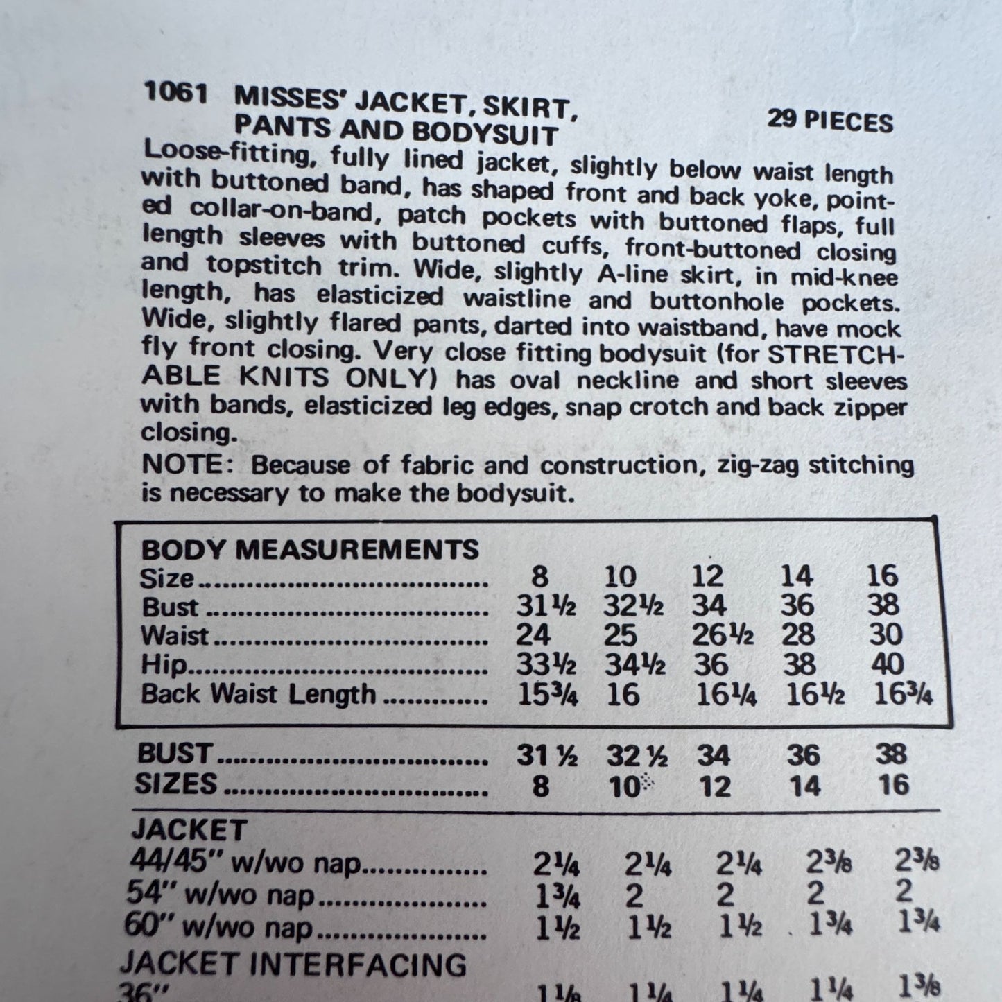 Vogue Sewing Pattern 1061 Anne Klein Jacket Skirt Pants Bodysuit 12 Uncut Designer 1970s