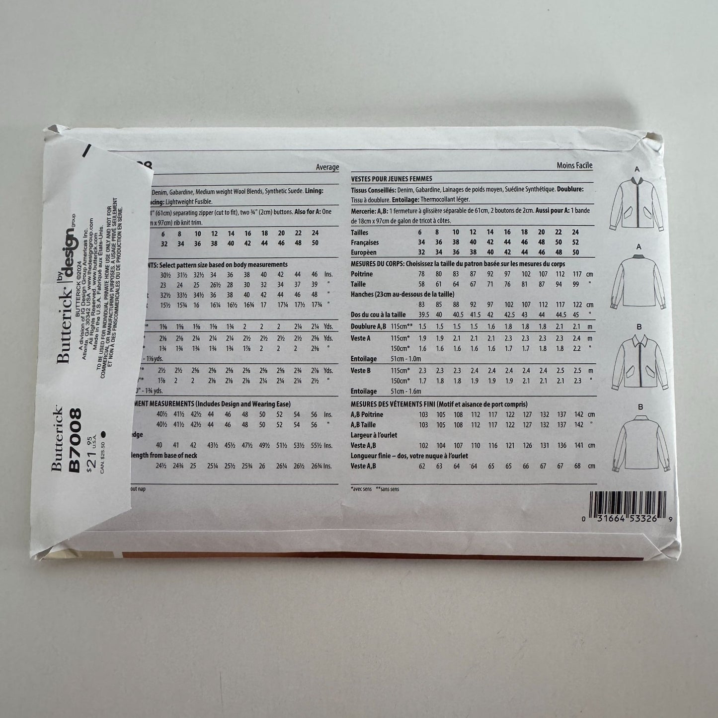 Butterick Sewing Pattern B7008 Misses Jackets Fall Outerwear Winter 6-14 Uncut