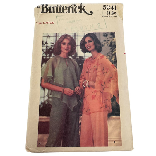 Butterick Sewing Pattern 5341Blouse Capelet and Butterfly Sleeves 1978 Large UC