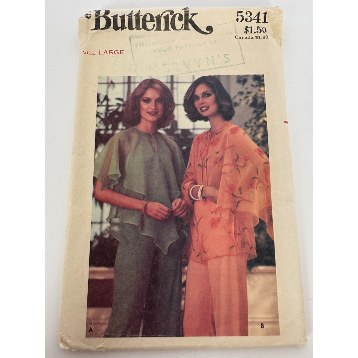 Butterick Sewing Pattern 5341Blouse Capelet and Butterfly Sleeves 1978 Large UC