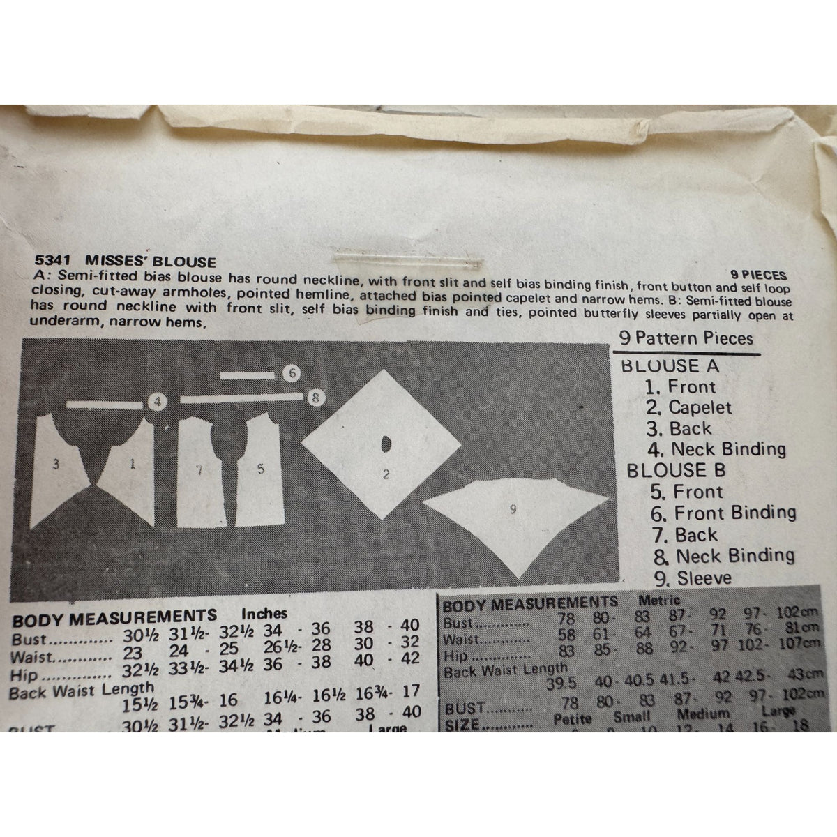 Butterick Sewing Pattern 5341Blouse Capelet and Butterfly Sleeves 1978 Large UC