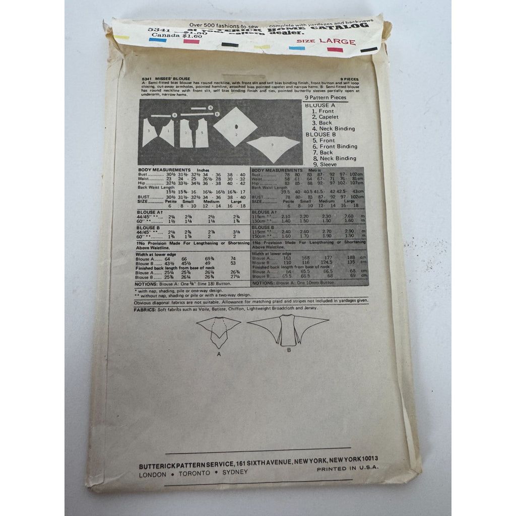 Butterick Sewing Pattern 5341Blouse Capelet and Butterfly Sleeves 1978 Large UC