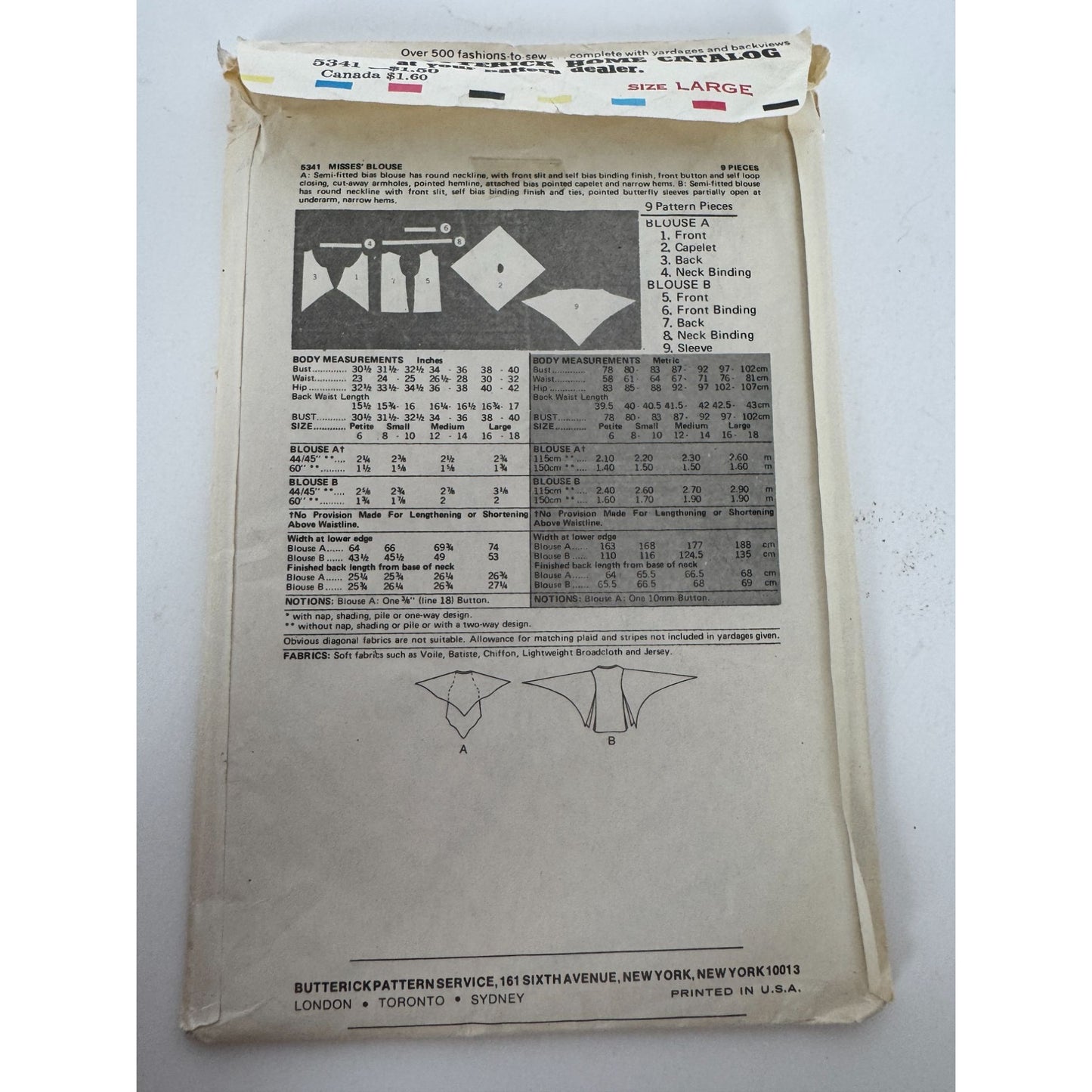 Butterick Sewing Pattern 5341Blouse Capelet and Butterfly Sleeves 1978 Large UC