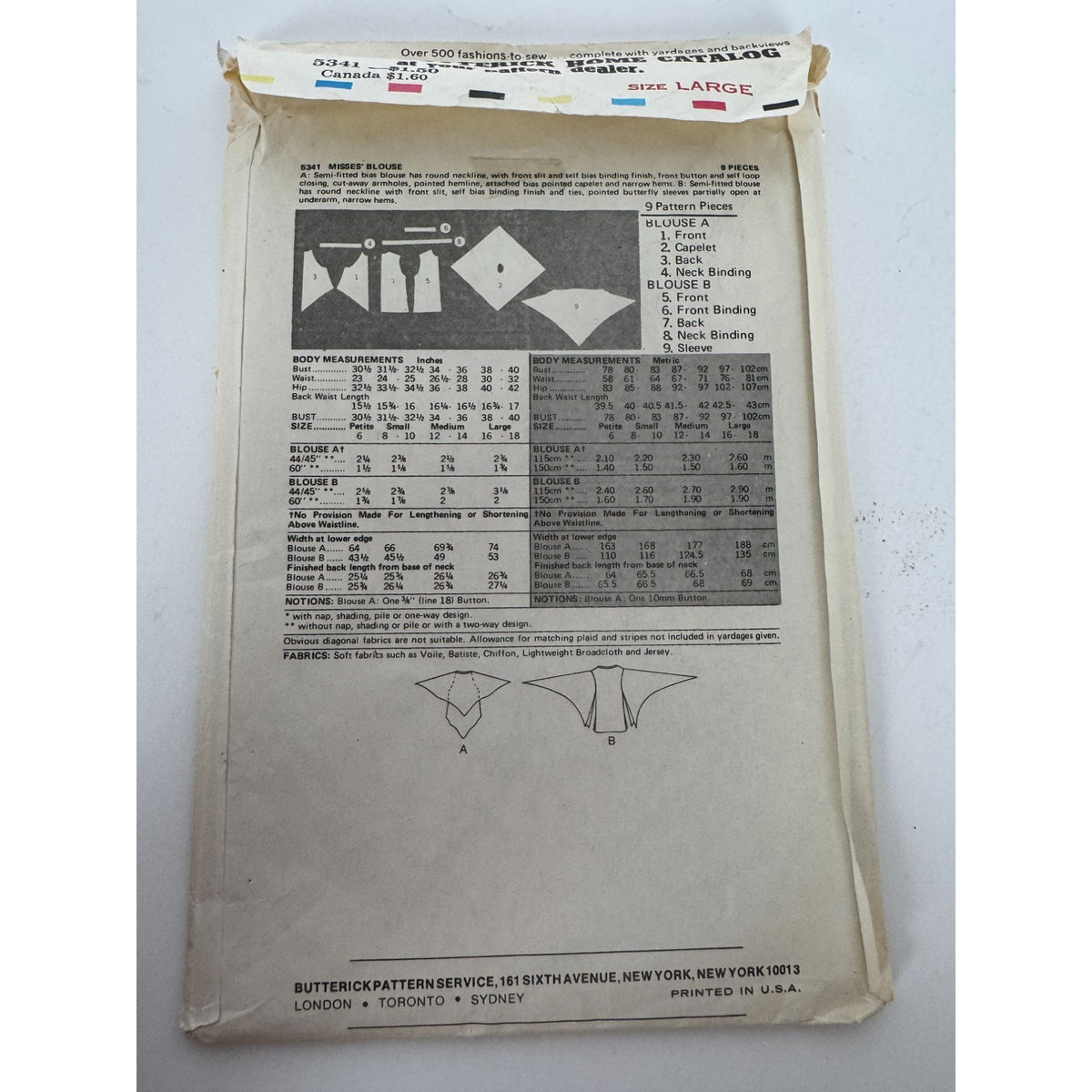 Butterick Sewing Pattern 5341Blouse Capelet and Butterfly Sleeves 1978 Large UC