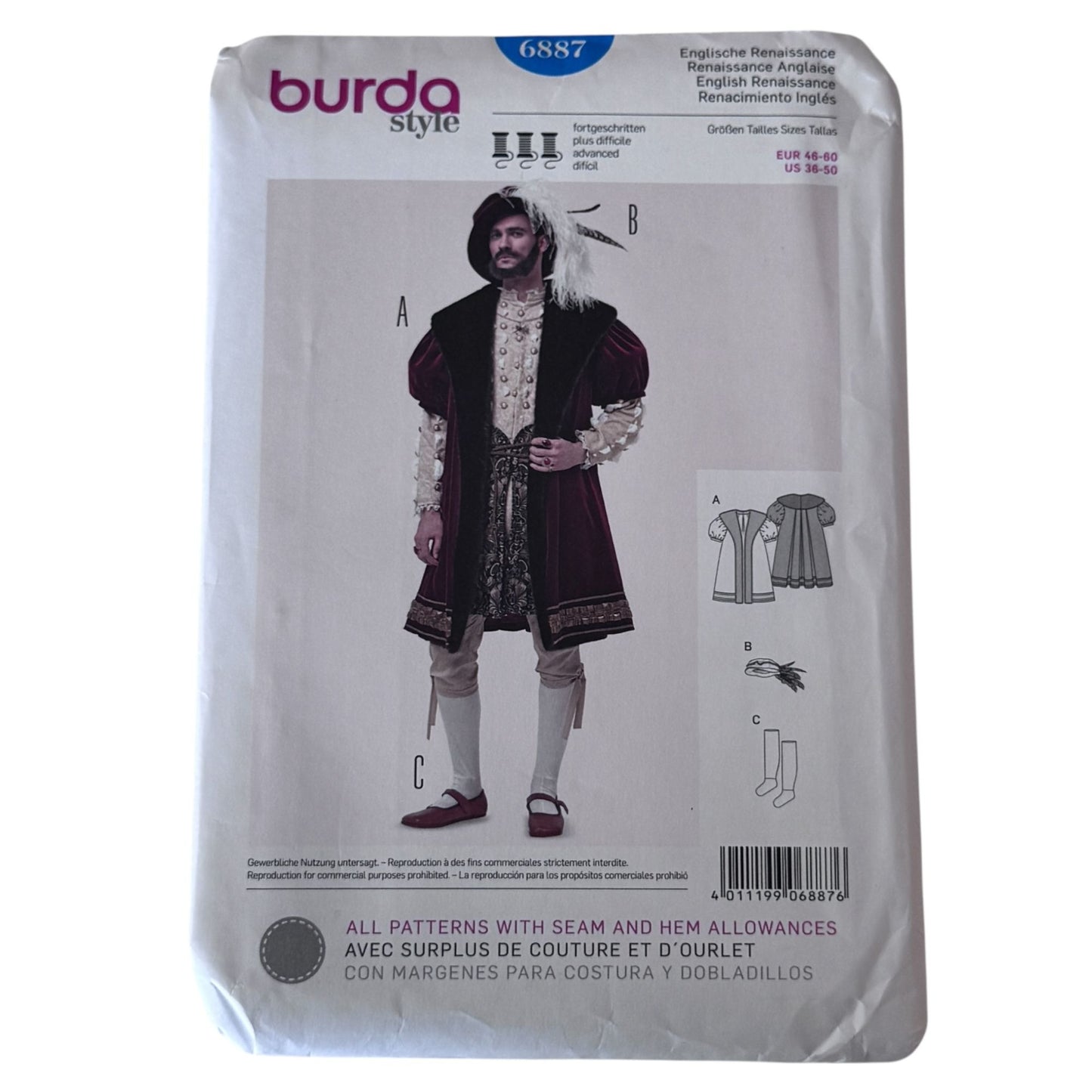 Burda Sewing Pattern 6887 English Renaissance Coat Mens Costume Tudor Elizabethan LARP 36-50 Uncut
