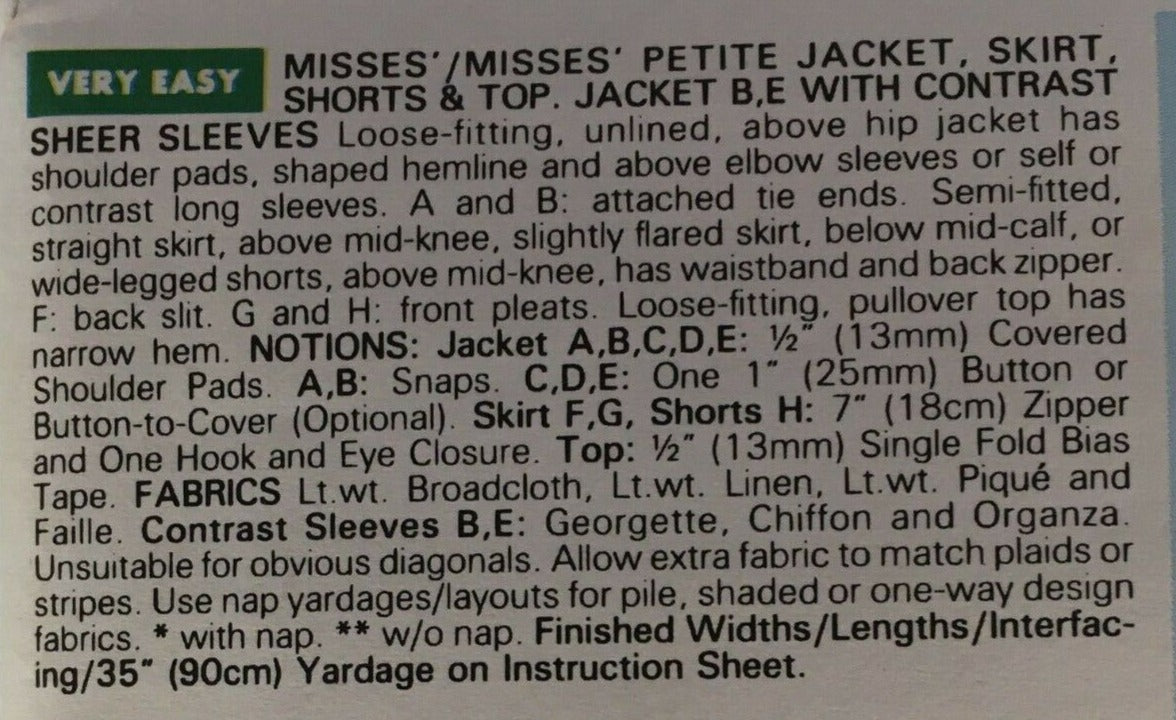 Butterick Sewing Pattern 6162 Career Skirt Suit Jacket Shorts Blazer UC 6 8 10