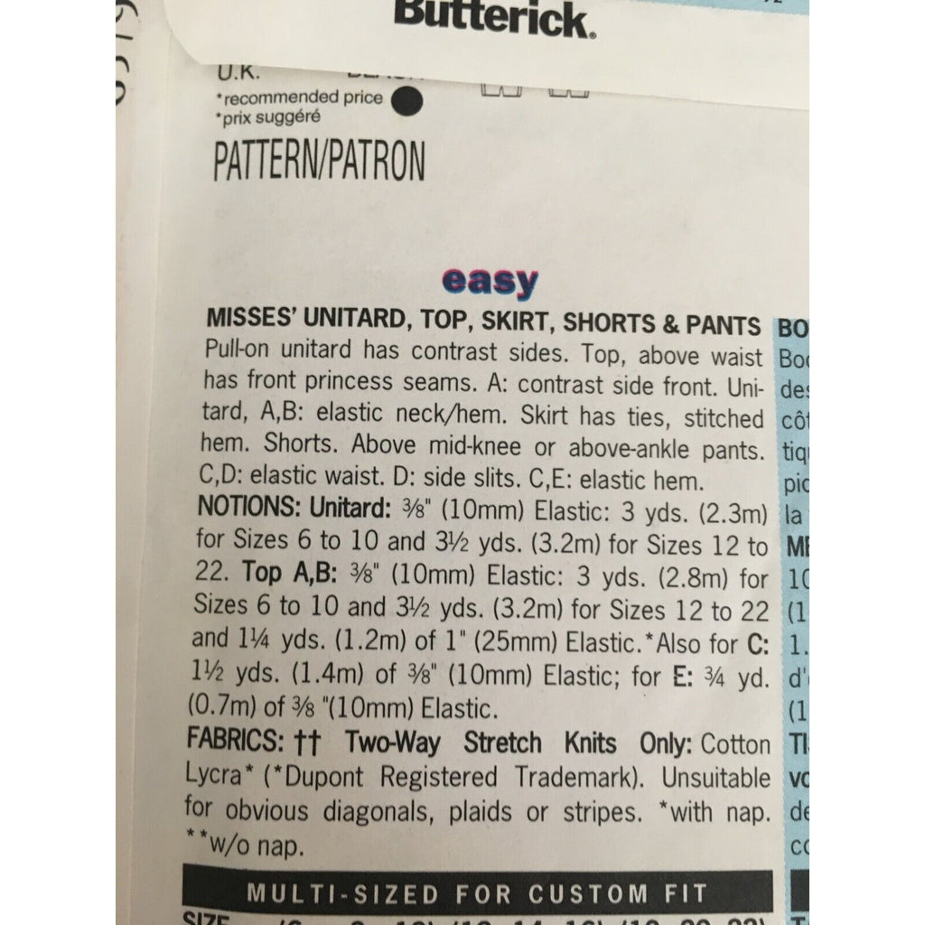 Butterick Sewing Pattern 6579 Kathy Ireland Unitard Top Skirt Shorts 12-16 Uncut