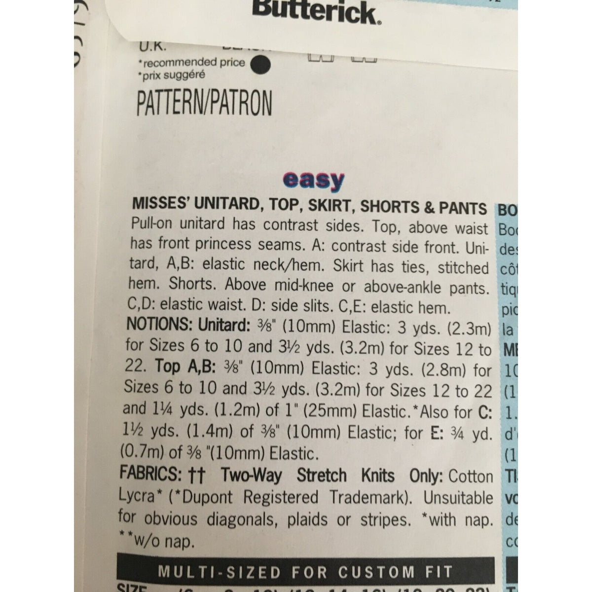 Butterick Sewing Pattern 6579 Kathy Ireland Unitard Top Skirt Shorts 12-16 Uncut
