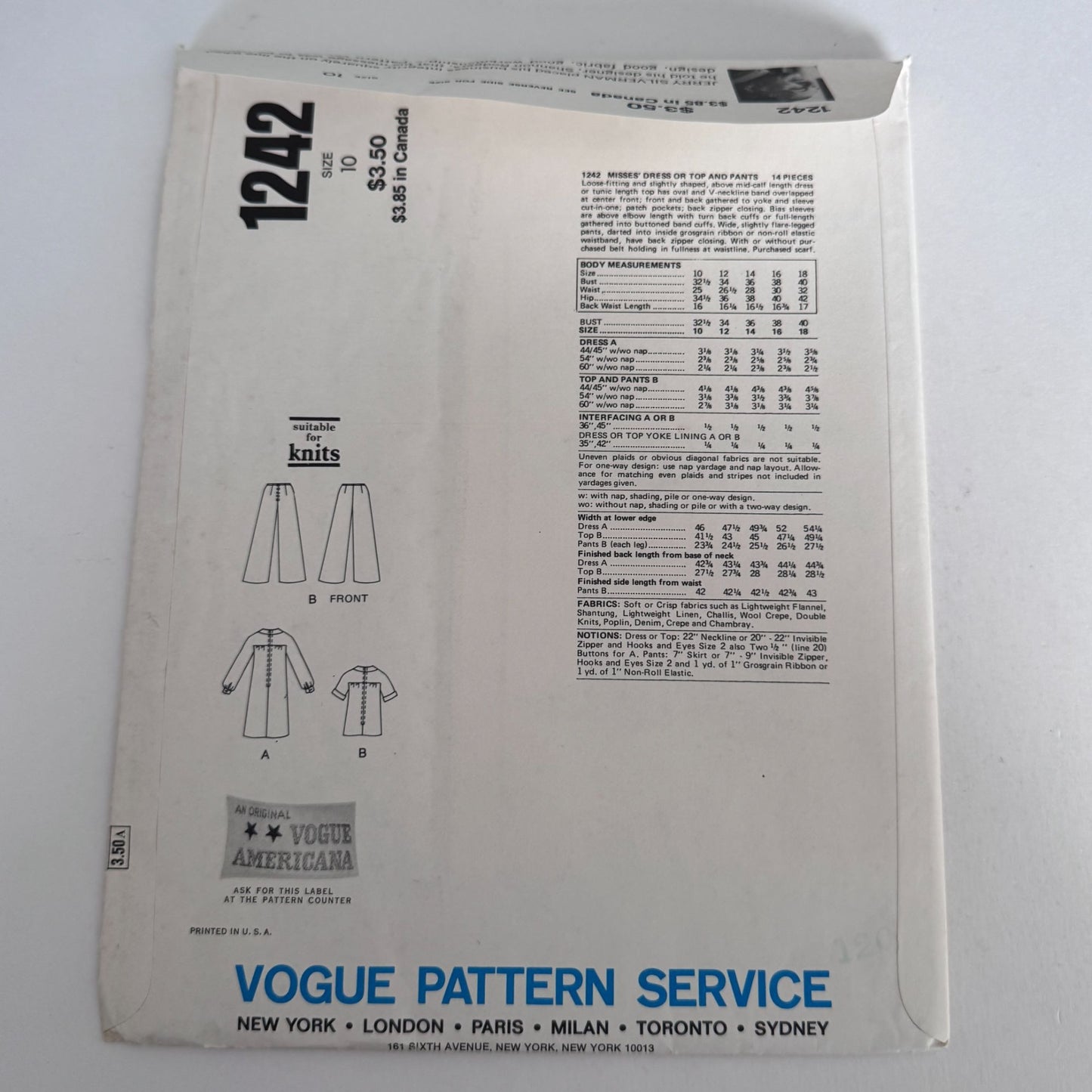 Vogue Sewing Pattern 1242 American Designer Jerry Silverman Dress Pants 10 Uncut 1970s Outfit