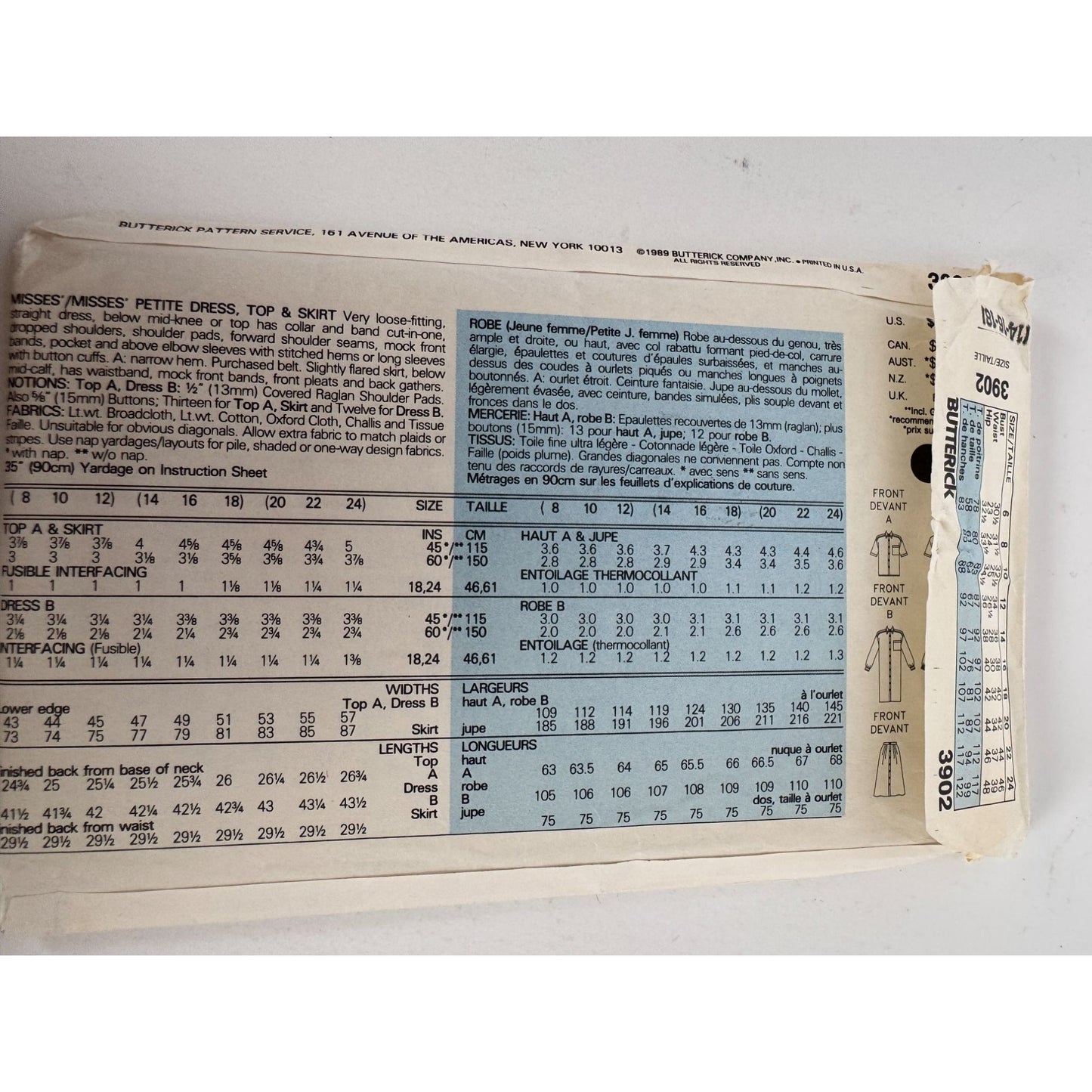 Butterick 3902 Sewing Pattern Dress Top Skirt Misses Sizes 14-18 Easy Uncut Vintage Style