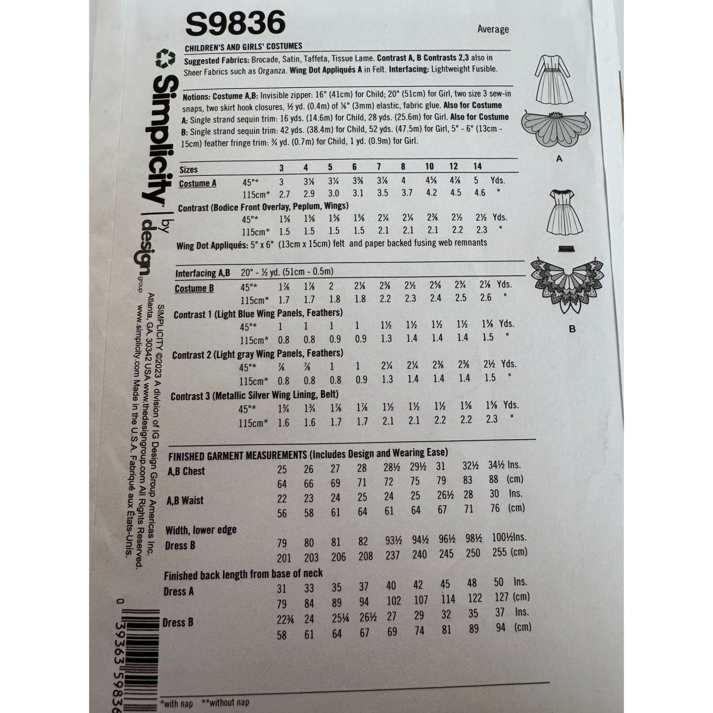 Simplicity Sewing Pattern S9836 Girls Butterfly Bird Halloween Costumes 3-6 UC