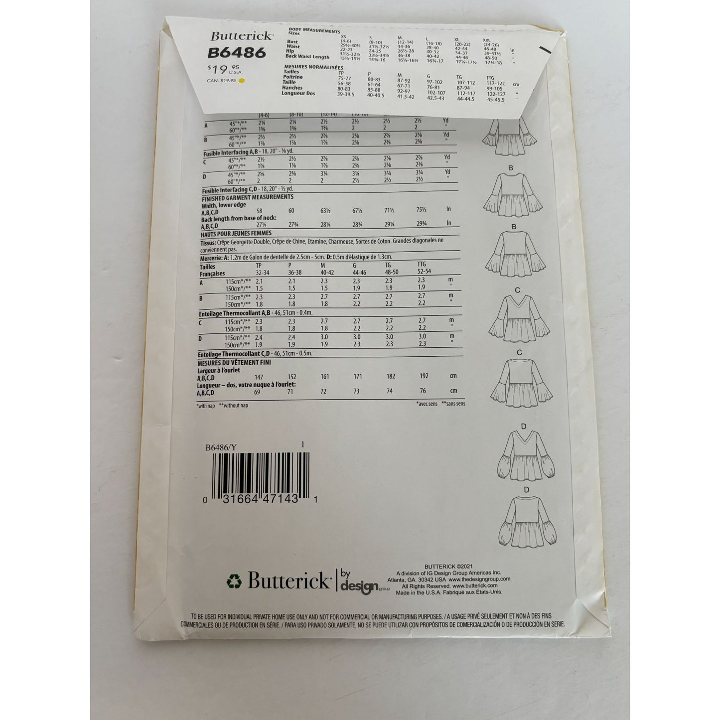 Butterick Sewing Pattern B6486 Tunic Top Peplum Shirt Blouse Bell Sleeve UC 4-14
