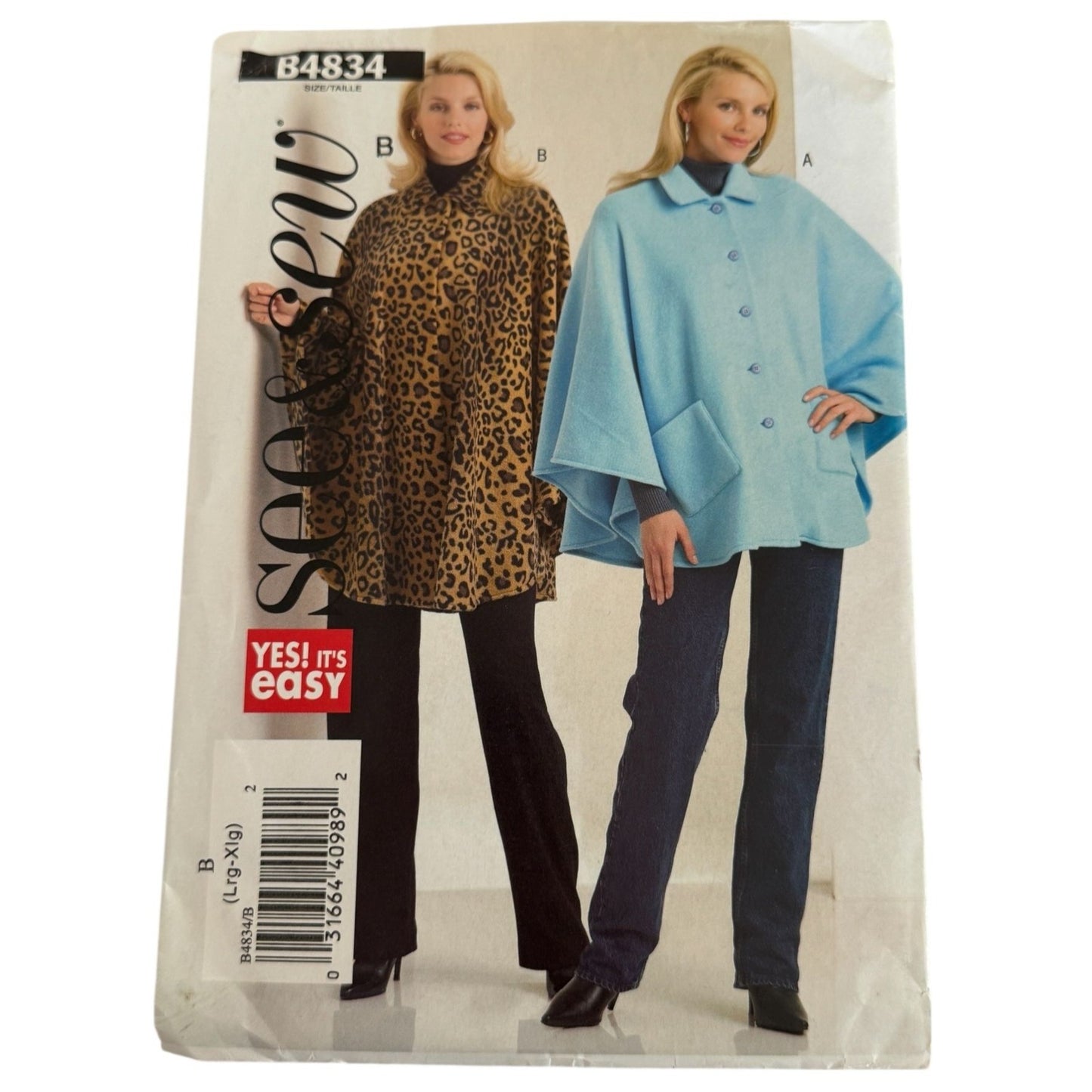 Butterick B4834 Poncho Sewing Pattern Uncut Cape Fleece Jacket Easy L XL 16-22