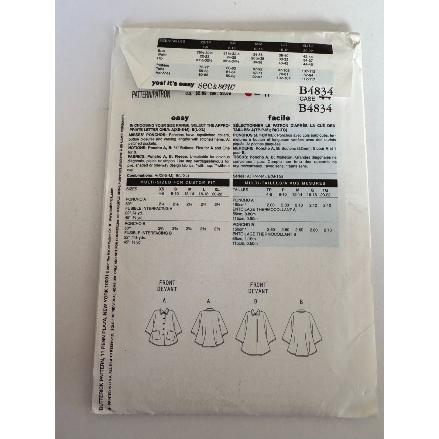 Butterick B4834 Poncho Sewing Pattern Uncut Cape Fleece Jacket Easy L XL 16-22