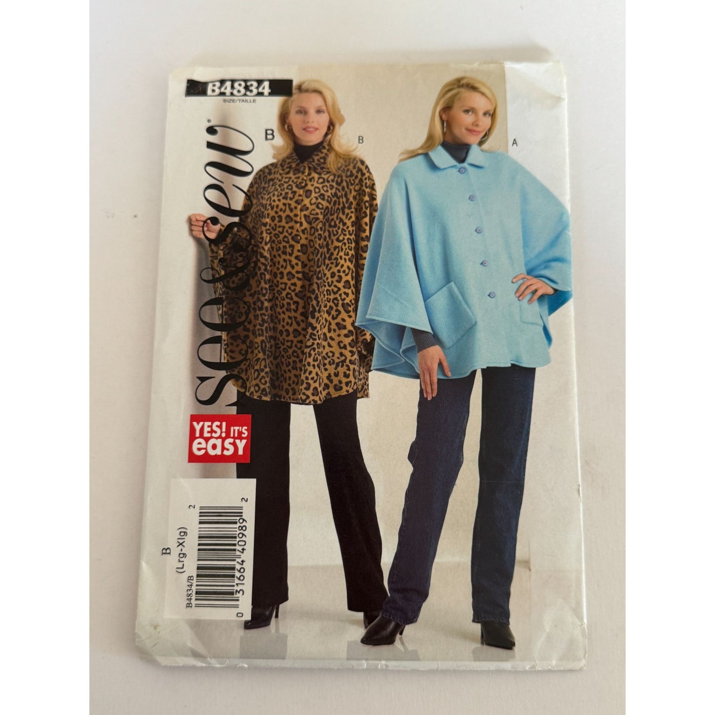 Butterick B4834 Poncho Sewing Pattern Uncut Cape Fleece Jacket Easy L XL 16-22