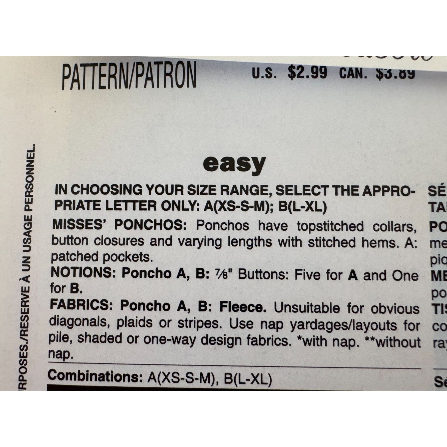 Butterick B4834 Poncho Sewing Pattern Uncut Cape Fleece Jacket Easy L XL 16-22