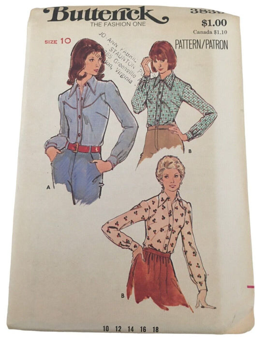 Butterick Sewing Pattern 3839 Western Button Shirt Vintage 1970s Bust 32.5 10 UC