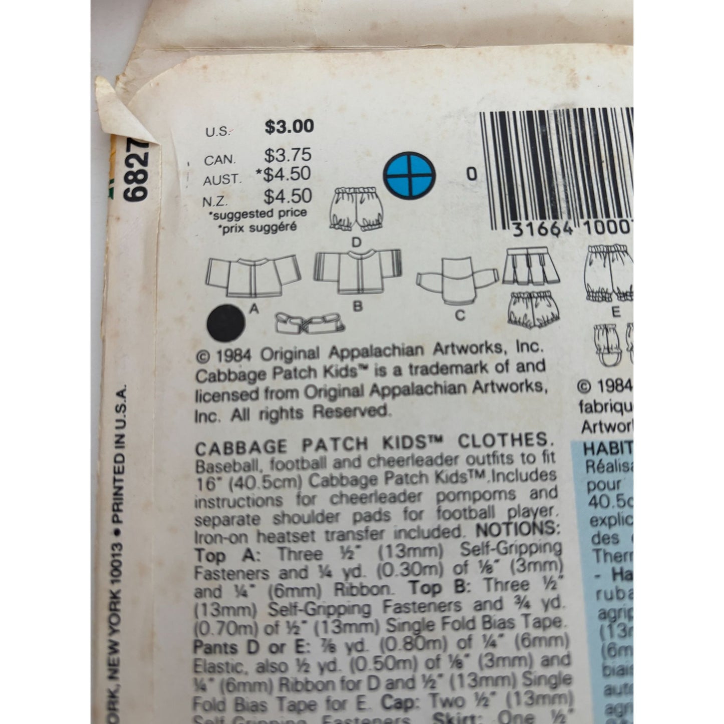 Butterick Sewing Pattern 6827 Cabbage Patch Kids Doll Clothes Sports Cheerleader