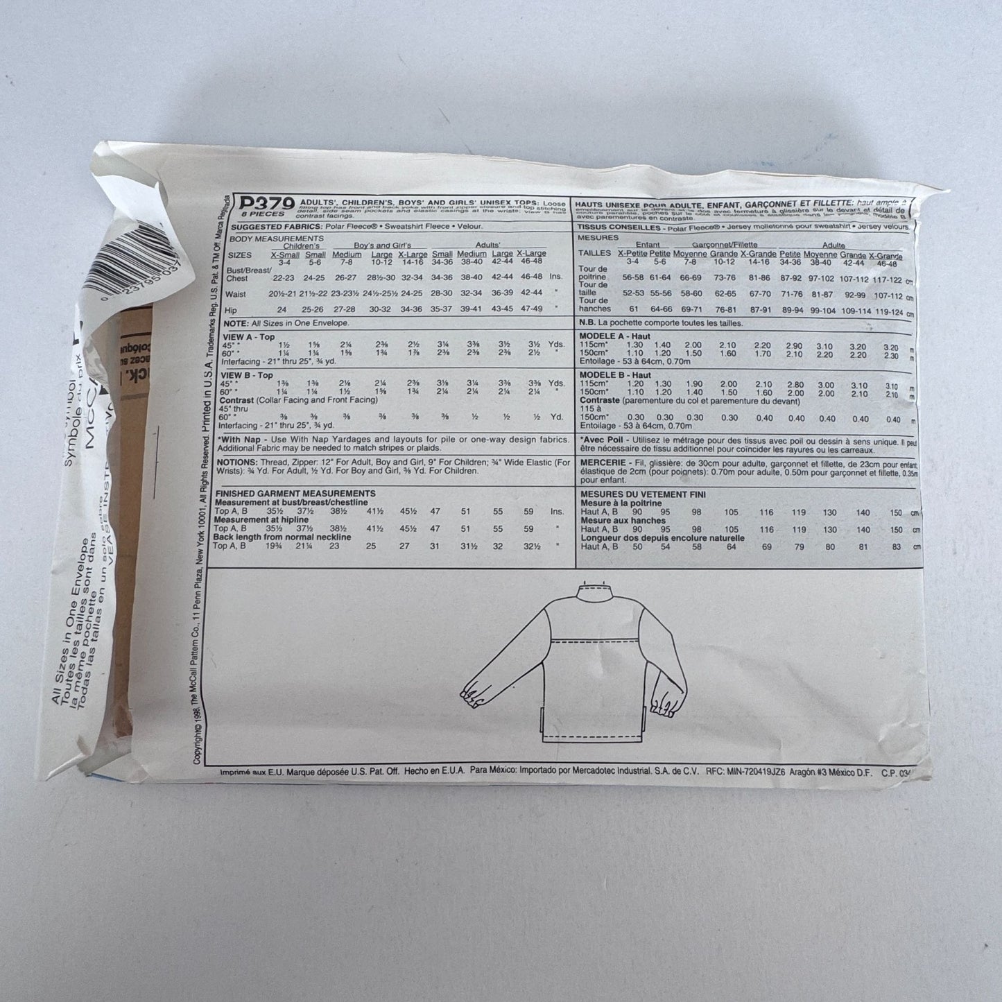 McCalls Sewing Pattern P379 Fleece Jacket Family Matching Kids Adults 1/4 Zip Uncut Fall Winter