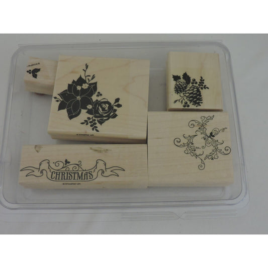 Stampin Up Rubber Stamps Set Pines and Poinsettias Christmas Holidays Pinecones