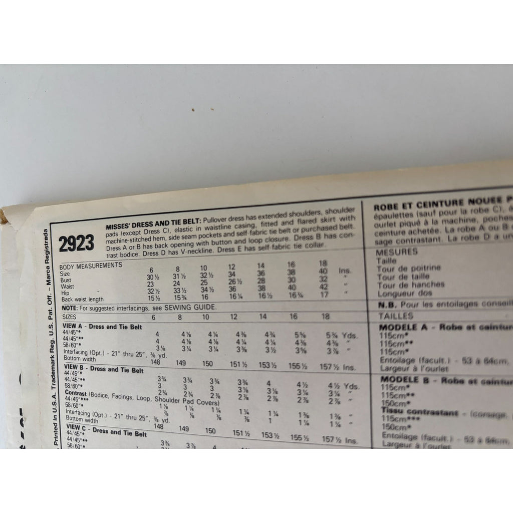 McCalls Sewing Pattern 2923 Dress Tie Belt 1980s Vintage Fashion Basics UC