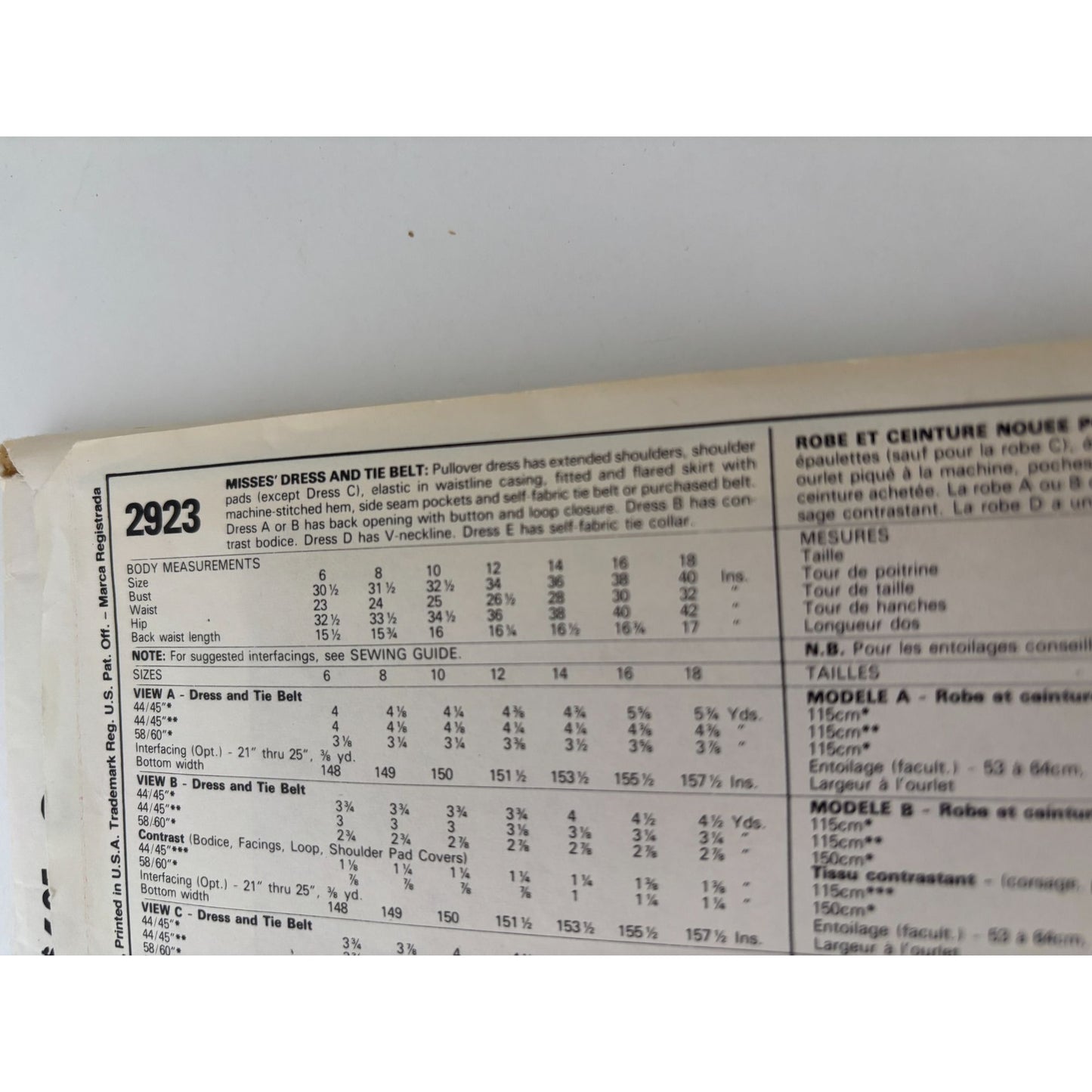 McCalls Sewing Pattern 2923 Dress Tie Belt 1980s Vintage Fashion Basics UC