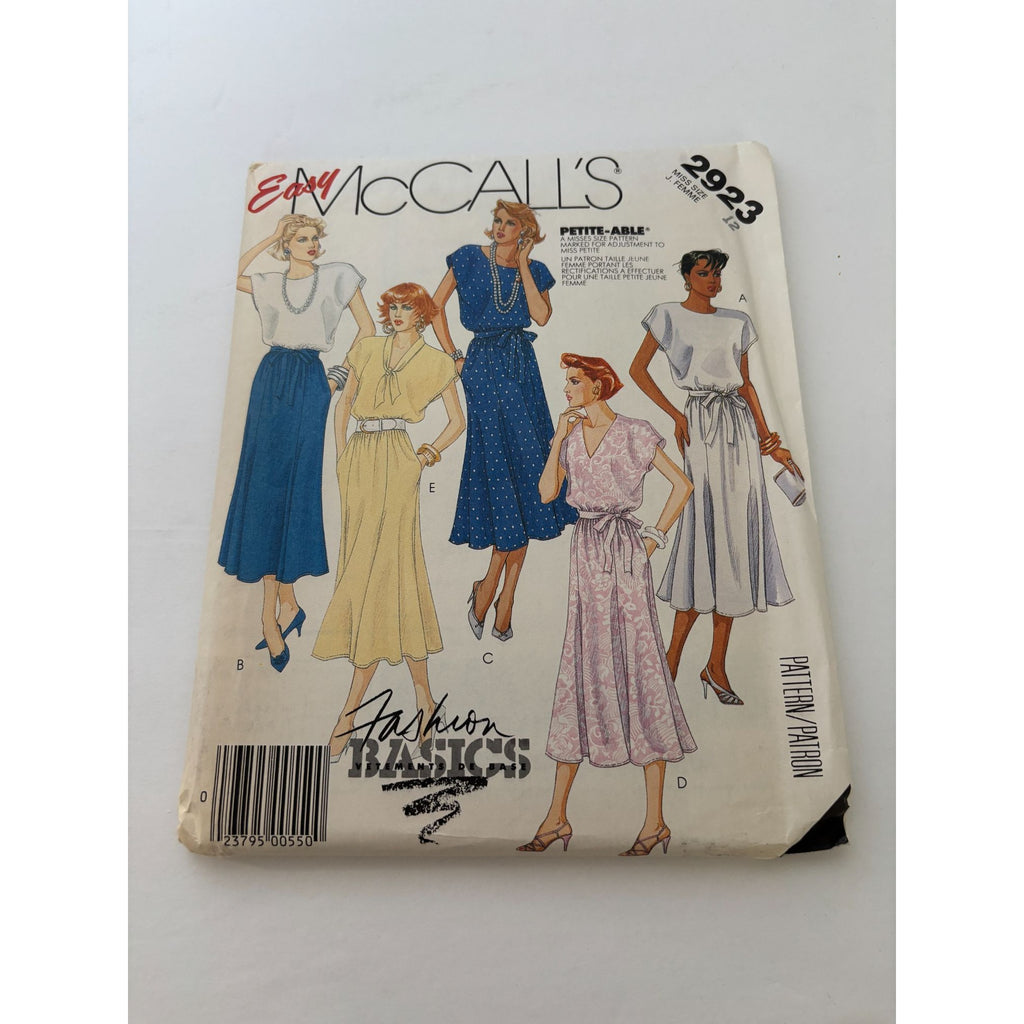 McCalls Sewing Pattern 2923 Dress Tie Belt 1980s Vintage Fashion Basics UC