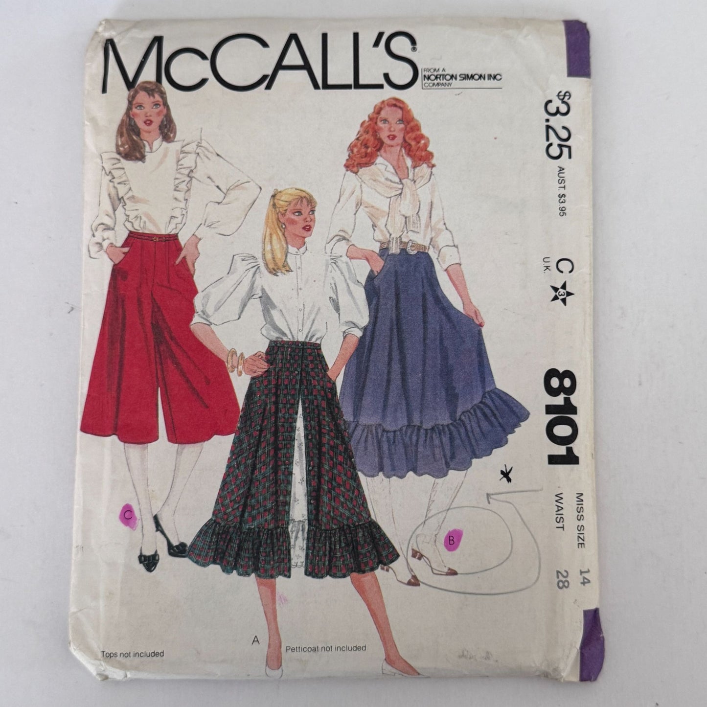 McCalls Sewing Pattern 8101 80s High Waist Prairie Skirt Culotte 14 Uncut Flared Skirts